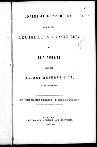 Cover for Copies of letters, &c., read in the Legislative Council in the debate upon the Clergy Reserve Bill