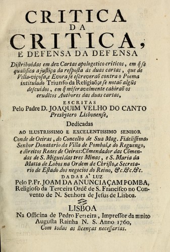 Cover for Critica da critica, e defensa da defensa