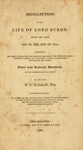 Cover for Recollections of the life of Lord Byron, from the year 1808 to the end of 1814