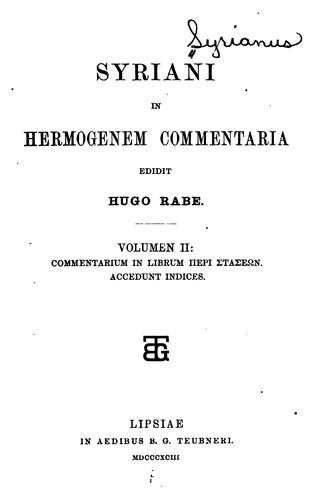 Cover for Syriani in Hermogenem commentaria