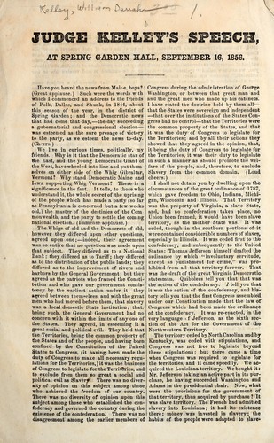 Cover for Judge Kelley's speech, at Spring Garden Hall, September 16, 1856