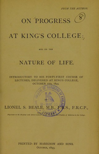 Cover for On progress at King's College, and on the nature of life