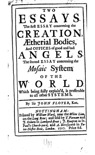 Cover for Two Essays: The First Essay Concerning the Creation, ætherial Bodies, and ...