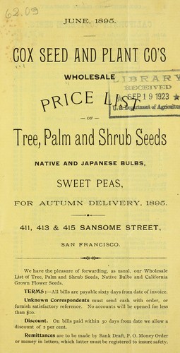 Cover for Cox Seed and Plant Co's wholesale price list of tree, palm and shrub seeds native and Japanese bulbs, sweet peas, for autumn delivery, 1895
