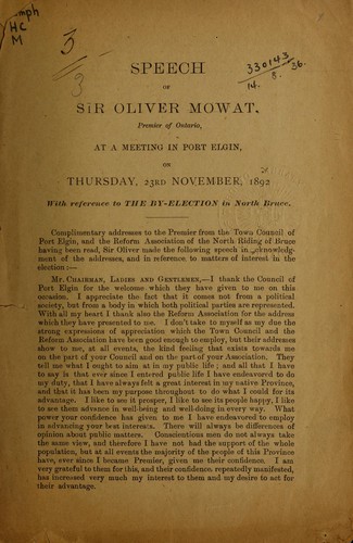 Cover for Speech ... at a meeting in Port Elgin, on Thursday, 23rd November, 1892, with reference to the by-election in North Bruce