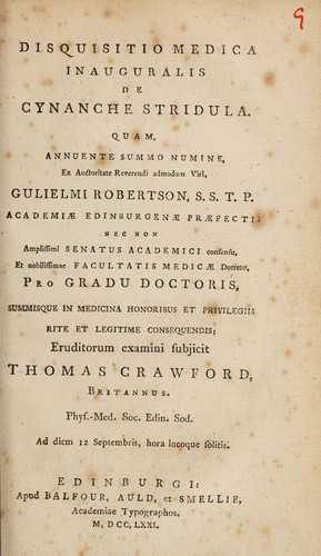 Cover for Disquisitio medica inauguralis de cynanche stridula