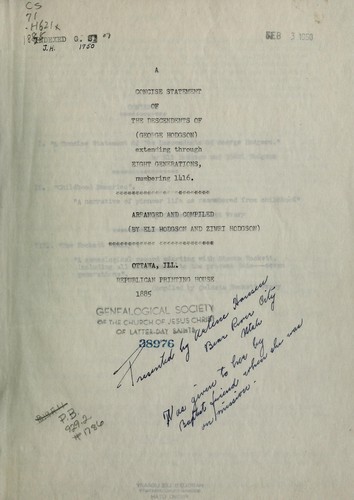 Cover for A concise statement of the descendents of (George Hodgson) extending through eight generations, numbering 1416