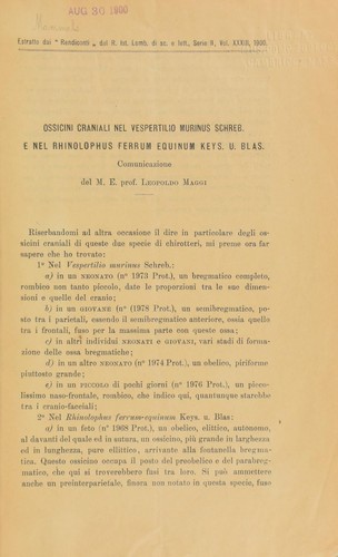 Cover for Ossicini craniali nel Vespertilio murinus Schreb. e nel Rhinolophus ferrum equinum Keys. u. Blas