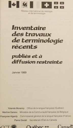 Cover for Inventaire des travaux de terminologie récents, publiés et à diffusion restreinte