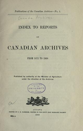 Cover for Index to reports of Canadian Archives from 1872 to 1908.