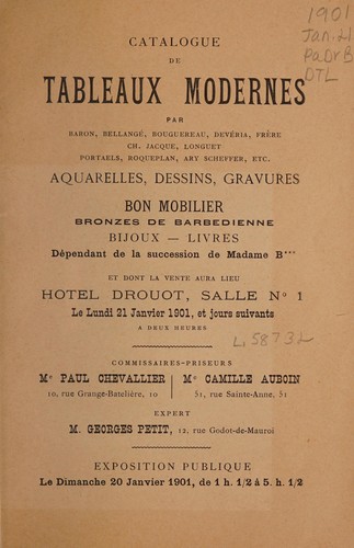 Cover for Catalogue de tableaux modernes par Baron, Bellangé, Bouguereau, Devéria, Frère, Ch. Jacque, Longuet, Portaels, Roqueplan, Ary Scheffer, etc. ... dépendant de la succession de Madame B***