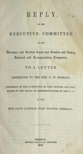 Cover for Reply of the Executive Committee of the Delaware and Raritan Canal and Camden and Amboy Railroad and Transportation Companies