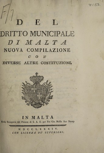 Cover for Del dritto municipale di Malta. Nuova compilazione con diverse altre costituzioni