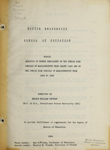 Cover for Analysis of French enrollment in the senior high schools of Massachusetts from 1923 to 1933 and in the junior high schools of Massachusetts from 1928 to 1933