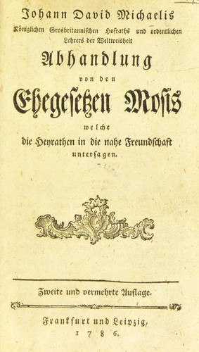 Cover for Johann David Michaelis ... Abhandlung von den Ehegesetzen Mosis welche die Heyrathen in die nahe Freundschaft untersagen