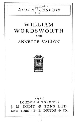 Cover for William Wordsworth and Annette Vallon