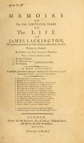 Cover for Memoirs of the first forty-five years of the life of James Lackington