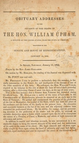 Cover for Obituary addresses on the occasion of the death of the Hon. William Upham