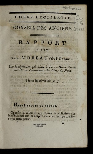 Cover for Rapport fait par Moreau (de l'Yonne) sur la re solution qui place a   Port-Brieu l'e cole centrale du departement des Co tes-du-Nord