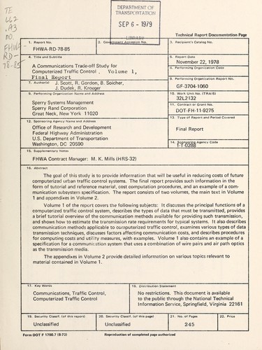 Cover for A communications trade-off study for computerized traffic control
