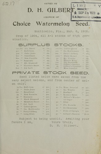 Cover for Office of D.H. Gilbert, grower of choice watermelon seed [price list]