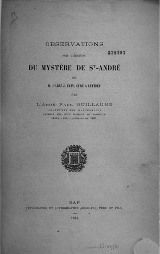 Cover for Observations sur l'édition du Mystère de saint André de M. l'abbé J. Fazy, curé à Lettret