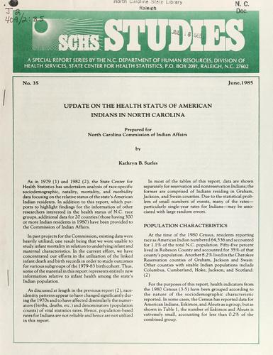 Cover for Update on the health status of American Indians in North Carolina