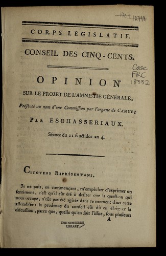 Cover for Opinion sur le projet de l'amnistie ge ne rale, pre sente  au nom d'une commission par l'organe de Camus