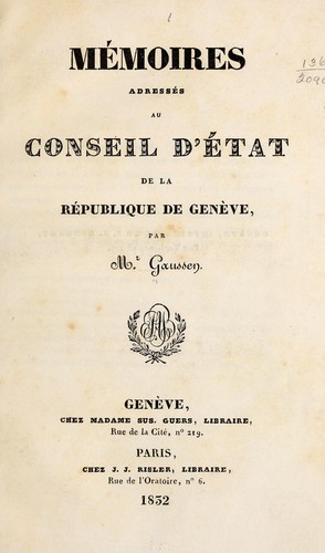 Cover for Mémoires addressés au Conseil d'État de la république de Genève
