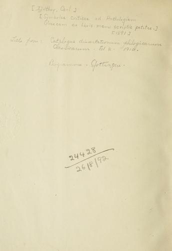 Cover for [Symbolae criticae ad Anthologiam Graecam ex libris manu scriptis petitae]