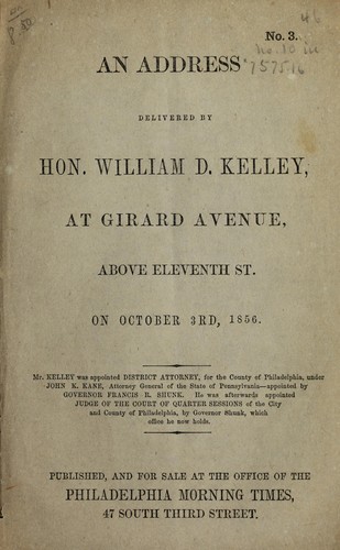 Cover for An address delivered at Girard Avenue above Eleventh St. on October 3rd, 1856