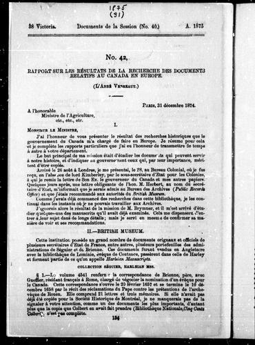 Cover for Rapport sur les résultats de la recherche des documents relatifs au Canada en Europe? (l'abbé Verreautl)