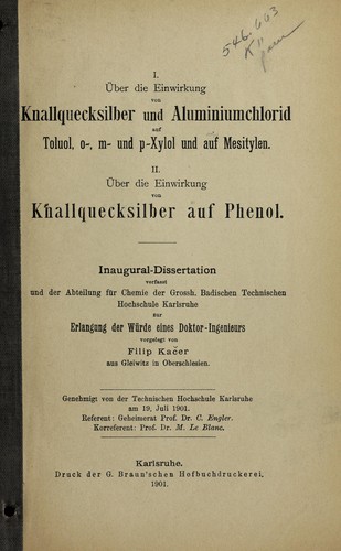 Cover for I. U ber die Einwirkung von Knallquecksilber und Aluminiumchlorid auf Toluol, o-, m- und p-Xylol und auf Mesitylen