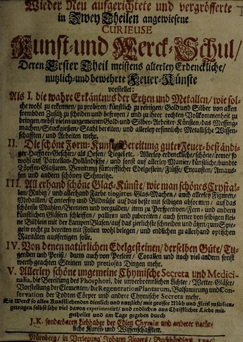 Cover for Wieder neu aufgerichtet und vergrösserte in zwey Theilen angewiesene curieuse Kunst- und Werck-Schul