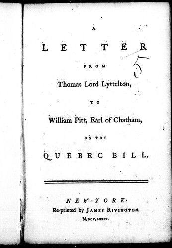 Cover for A letter from Thomas Lyttelton, to William Pitt, Earl of Chatham on the Quebec bill