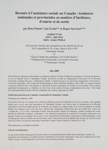 Cover for Recours à l'assistance sociale au Canada