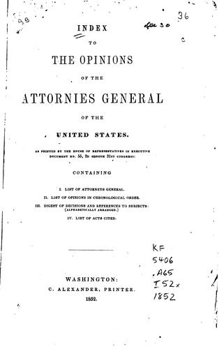 Cover for Index to the Opinions of the Attornies [sic] General of the United States ...