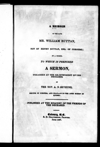 Cover for A memoir of the late Mr. William Ruttan