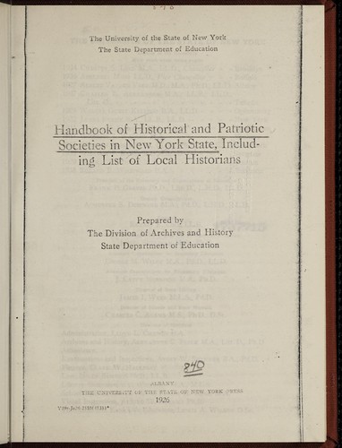 Cover for Handbook of historical and patriotic societies in New York State, including list of local historians.