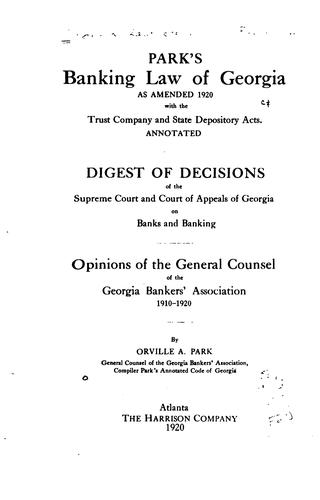 Cover for Park's Banking Law of Georgia as Amended 1920 with the Trust Company and ...
