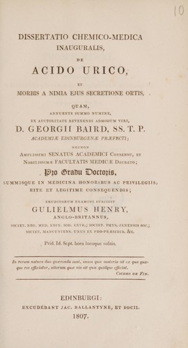 Cover for Dissertatio chemica medica inauguralis, de acido urico, et morbis a nimia ejus secretione ortis