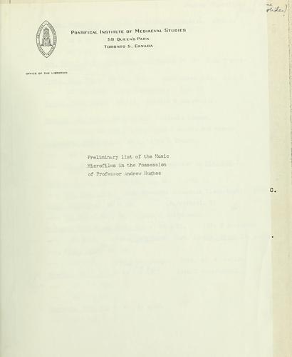 Cover for Preliminary list of the music microfilms in the possession of Professor Andrew Hughes.