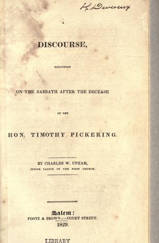 Cover for A discourse delivered on the Sabbath after the decease of the Hon. Timothy Pickering