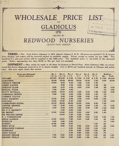 Cover for Wholesale price list of gladiolus grown