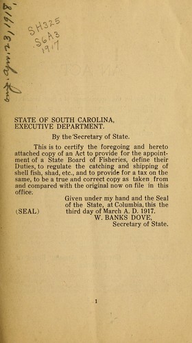 Cover for Laws of the state of South Carolina pertaining to migratory and shell fish, shad, sturgeon, oysters, clams and terrapin. 1917