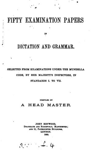 Cover for Fifty examination papers in dictation and grammar, compiled by a head master [A. Gardiner].