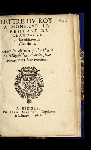 Cover for Lettre du roy a Monsieur le presidant de Gragnague, sur la reddition de la Rochelle