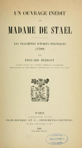 Cover for Un ouvrage inédit de madame de Stael