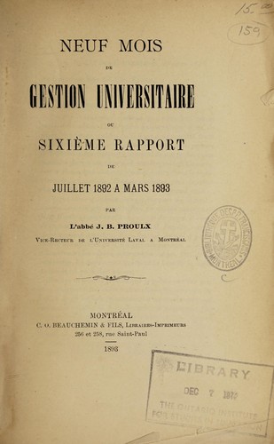Cover for Neuf mois de gestion universitaire