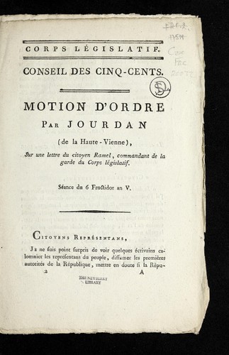 Cover for Motion d'ordre par Jourdan (de la Haute-Vienne), sur une lettre du citoyen Ramel, commandant de la garde du Corps le gislatif